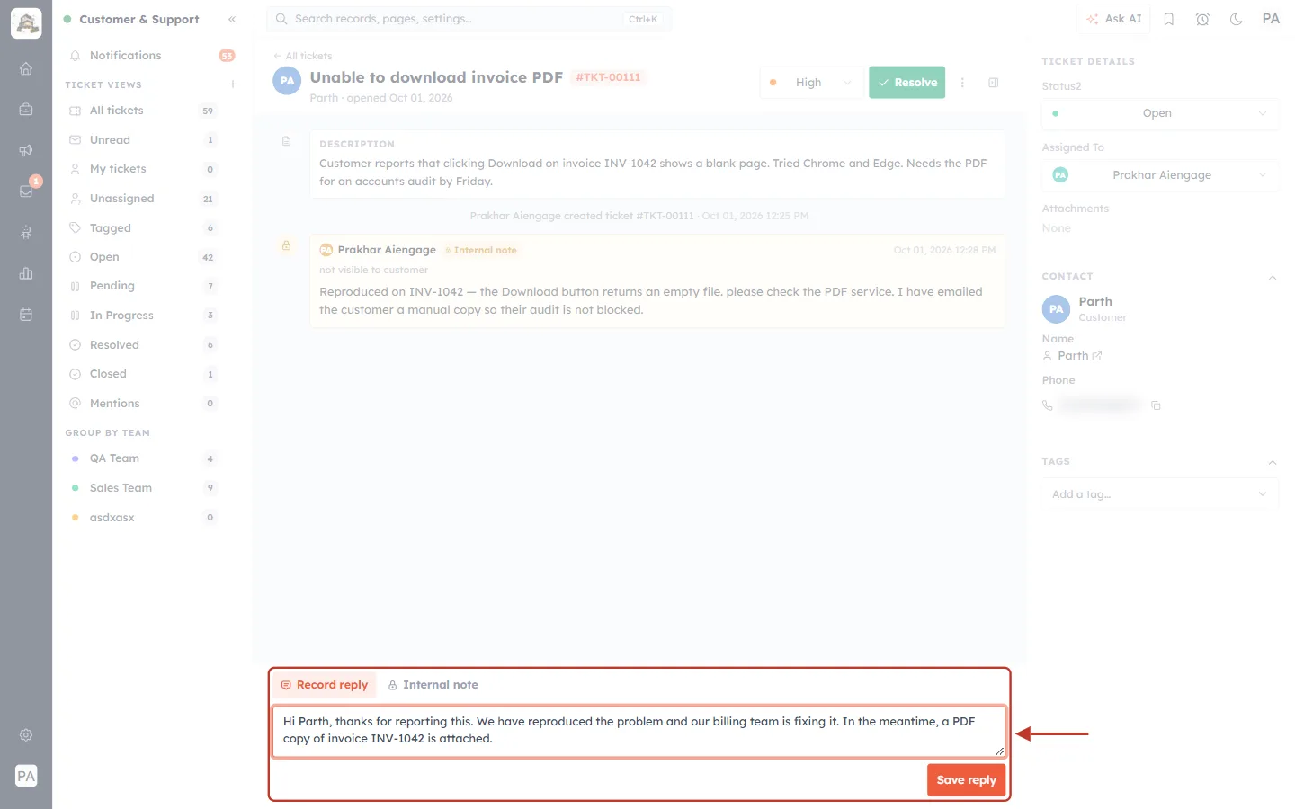 Record reply box with a reply typed in
