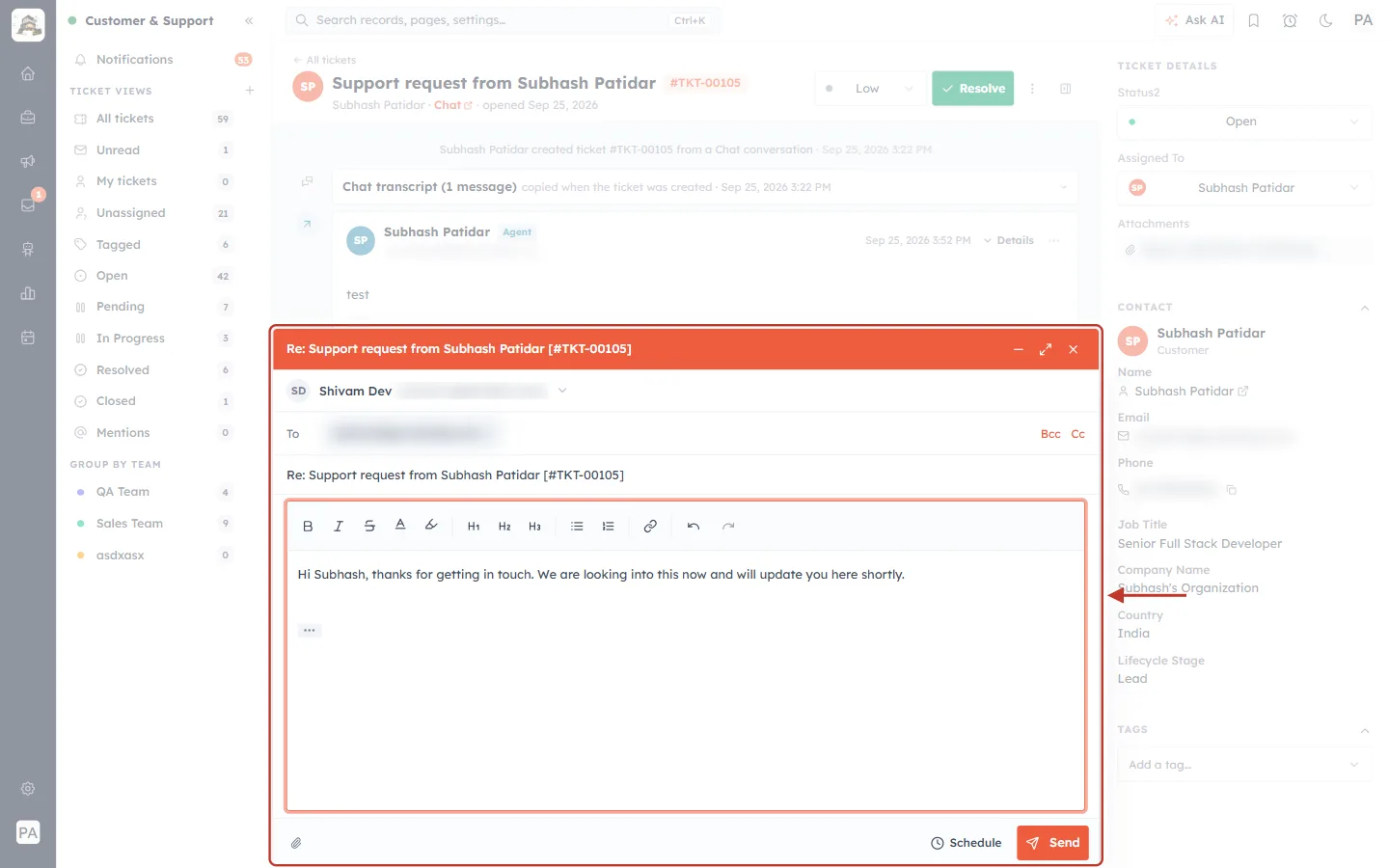 Reply email composer on a ticket