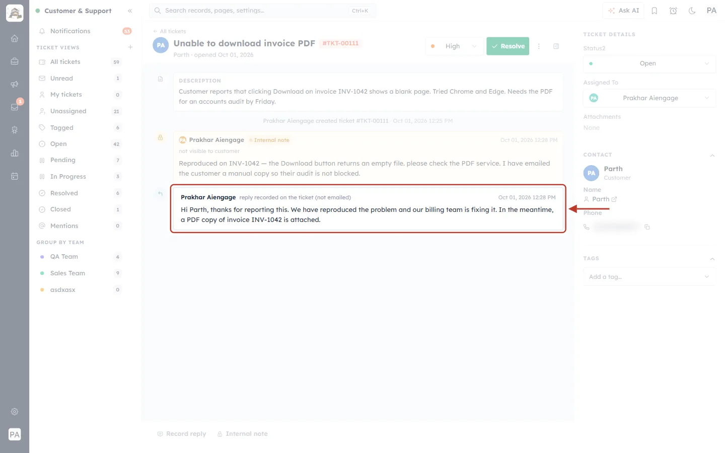 Recorded reply shown in the ticket conversation