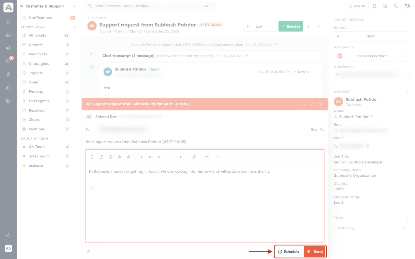 Schedule and Send buttons in the reply window