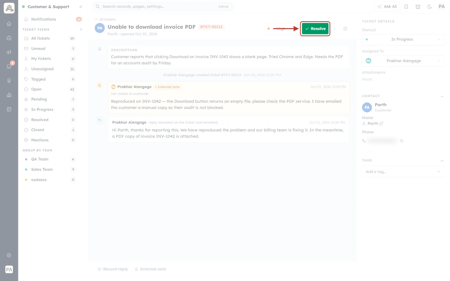 Resolve button in the ticket header