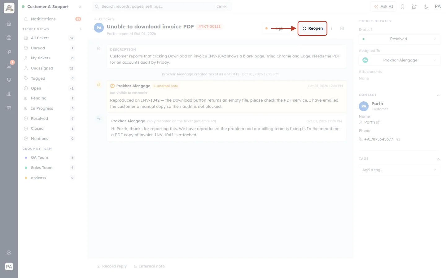 Reopen button that replaces Resolve on a resolved ticket