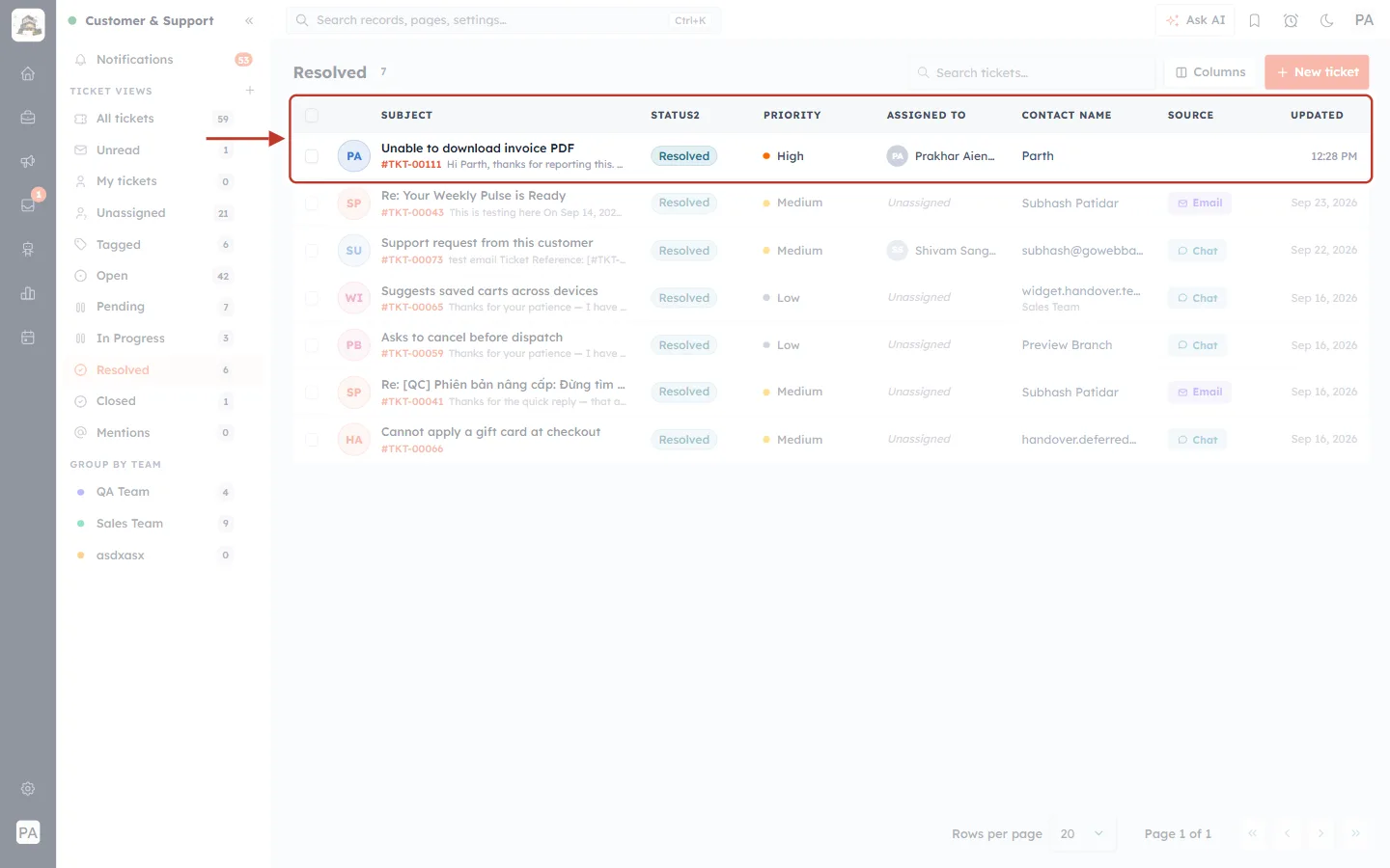 Resolved view listing the resolved ticket