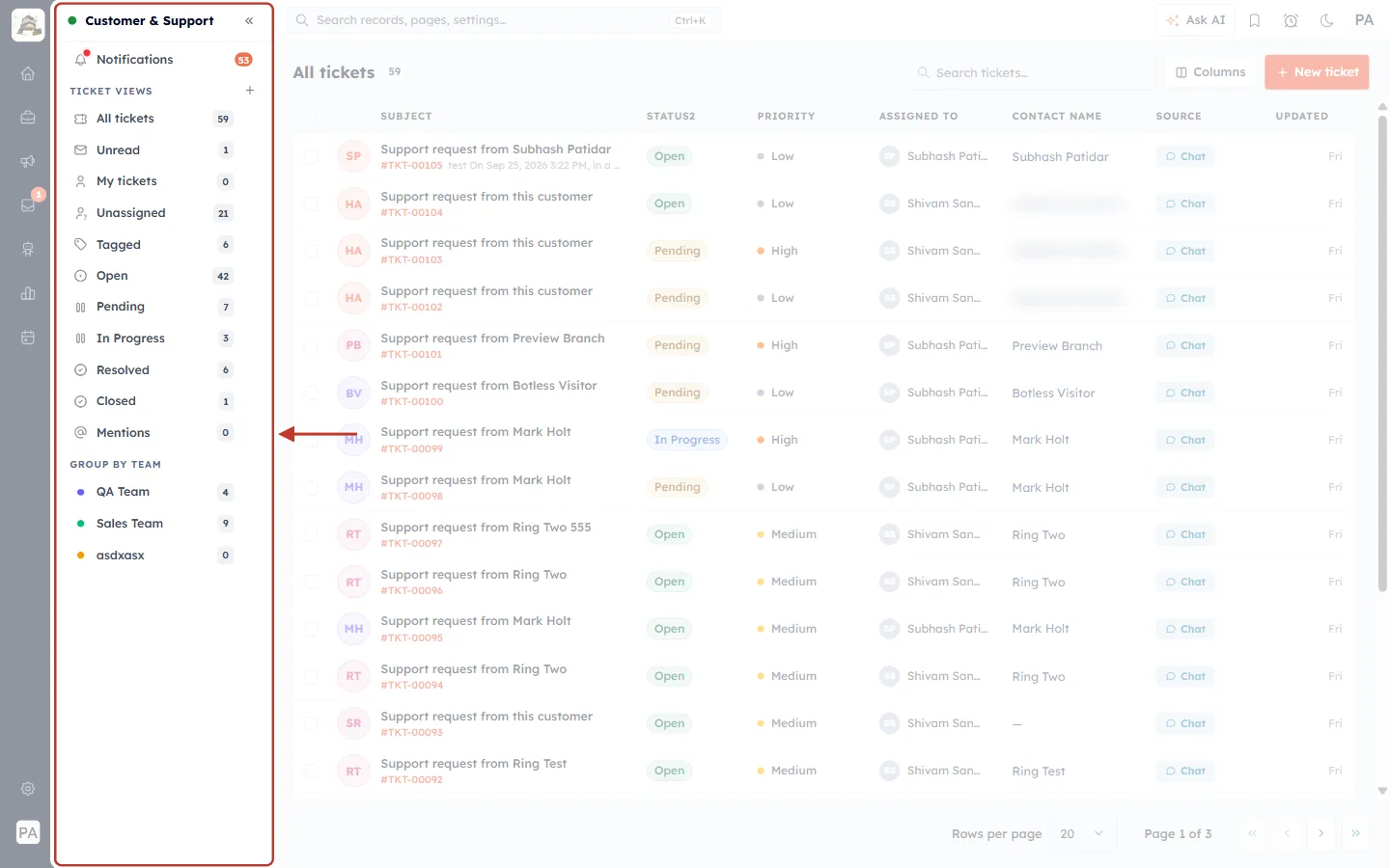 Customer & Support sidebar with Notifications, Ticket views and Group by team