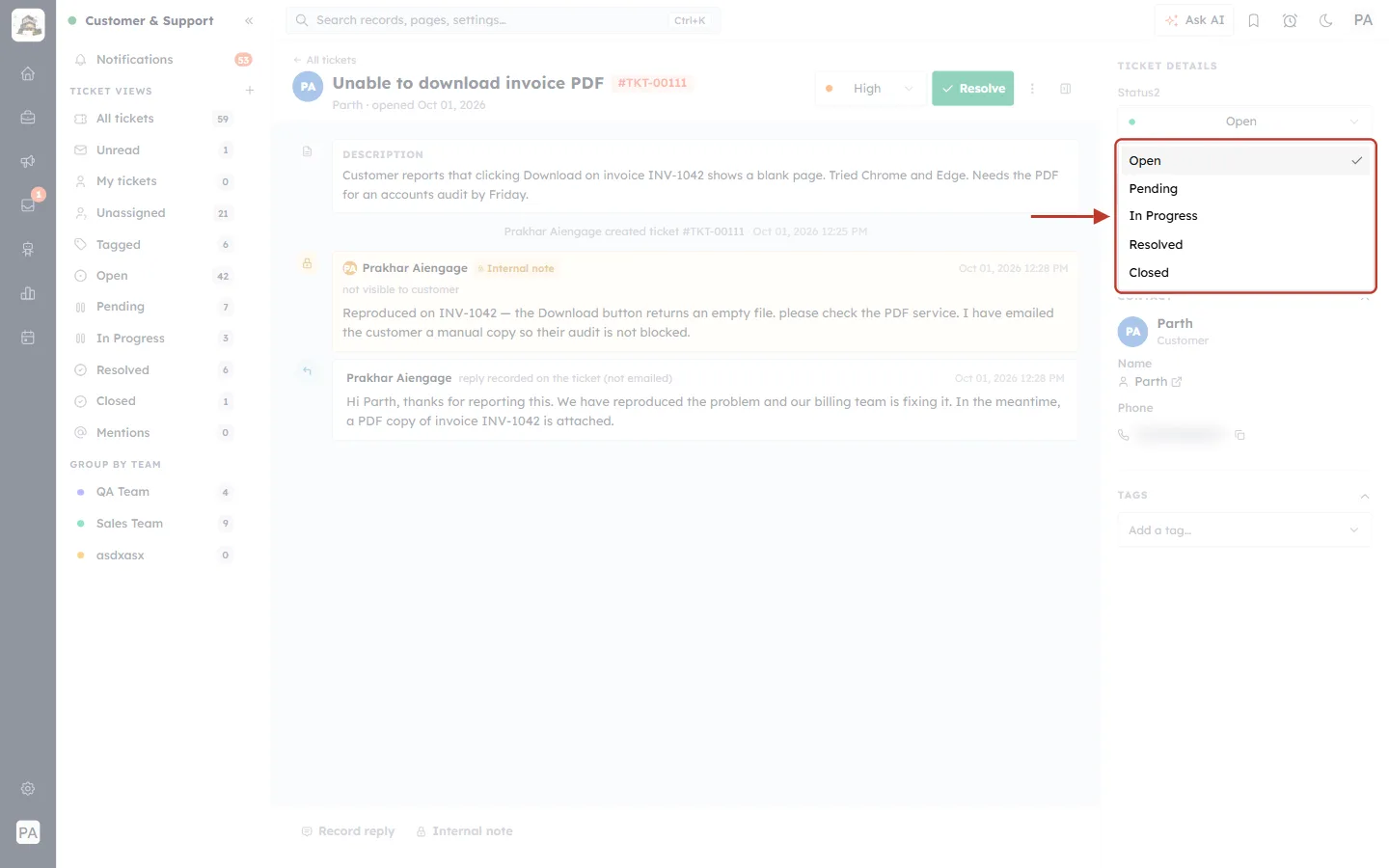 Status drop-down in the details panel