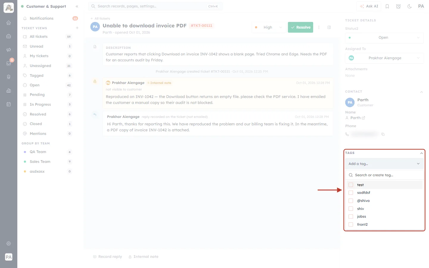 Tags drop-down in the details panel
