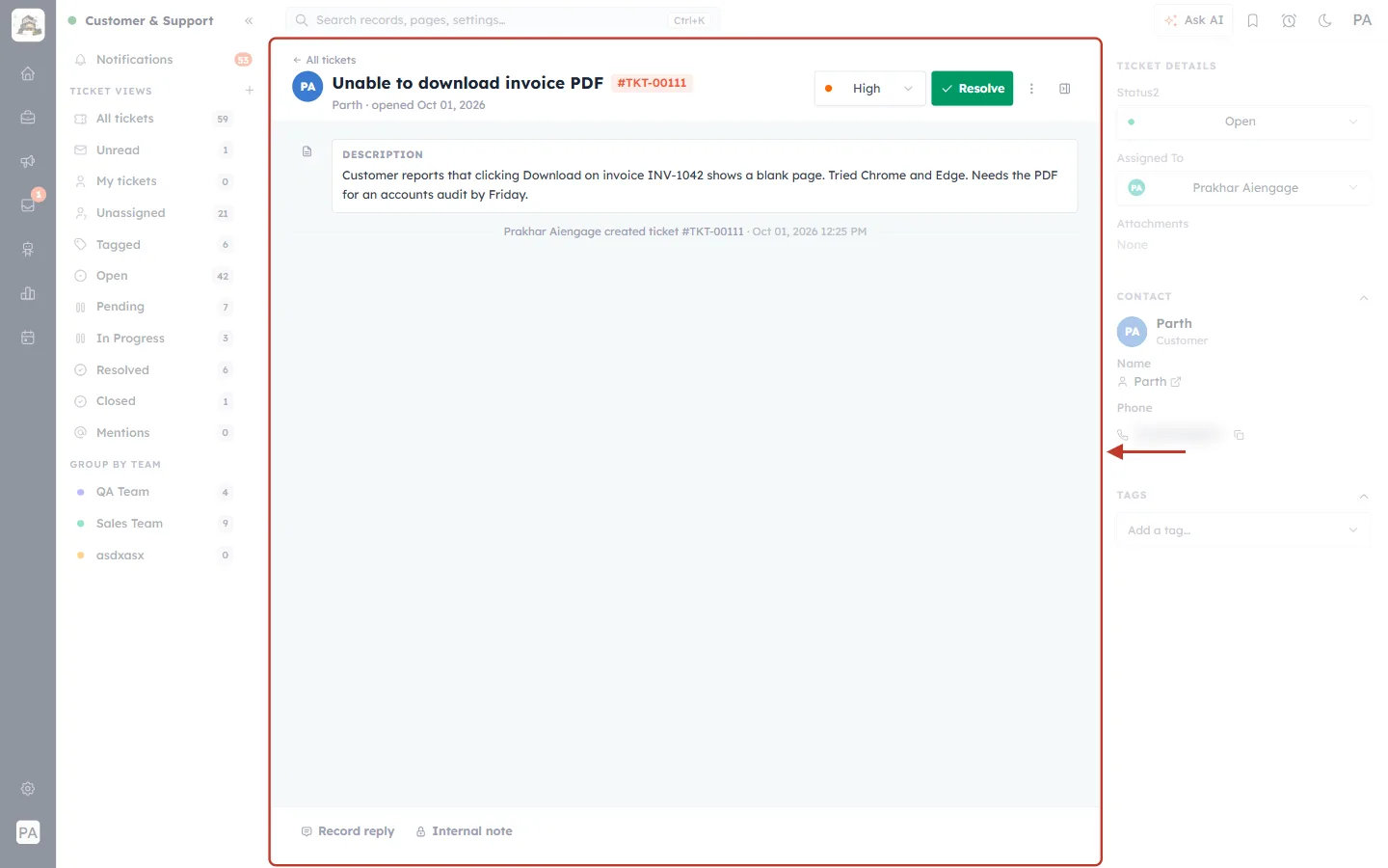Ticket conversation area showing the description and creation event
