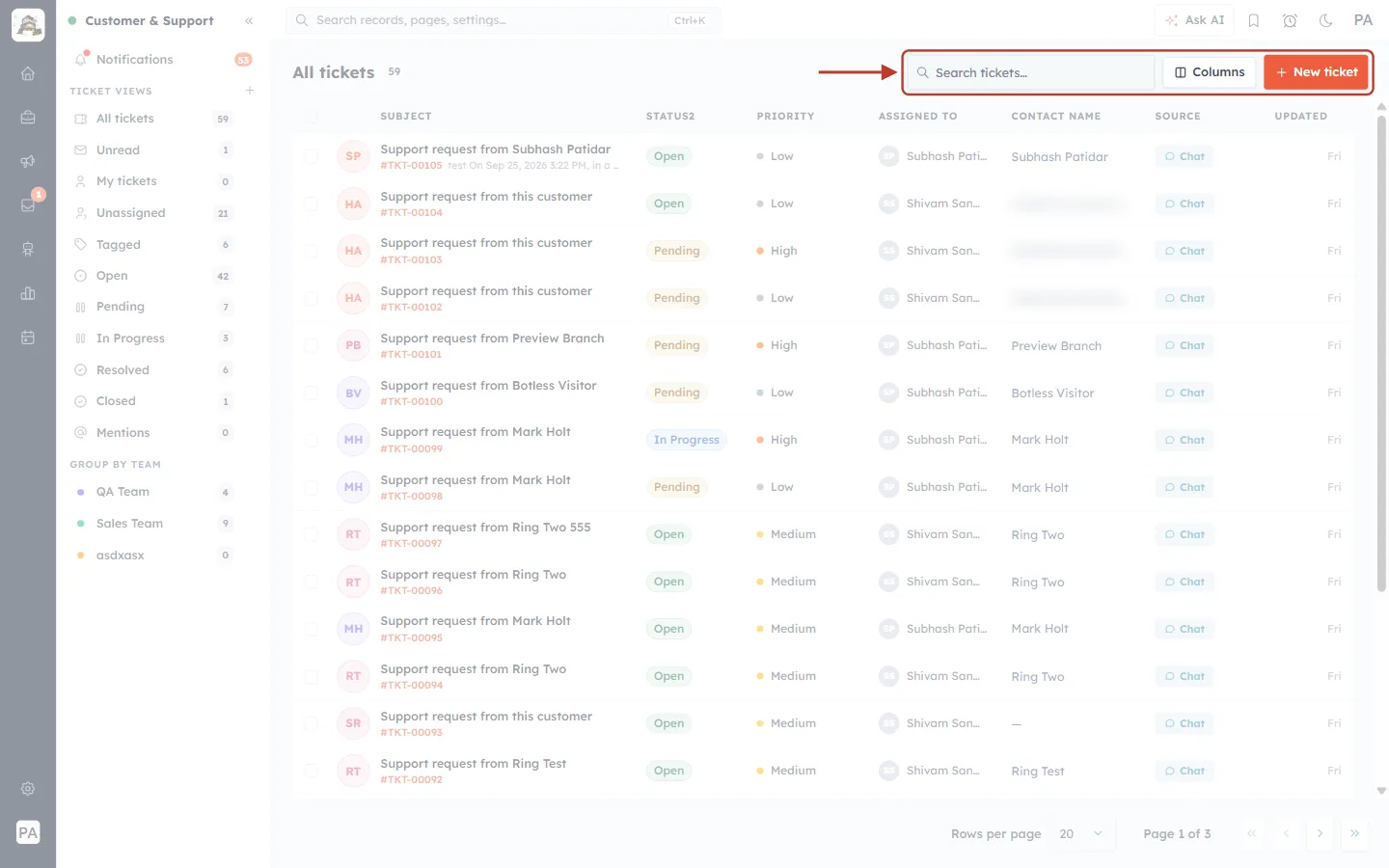 Search tickets, Columns and New ticket buttons