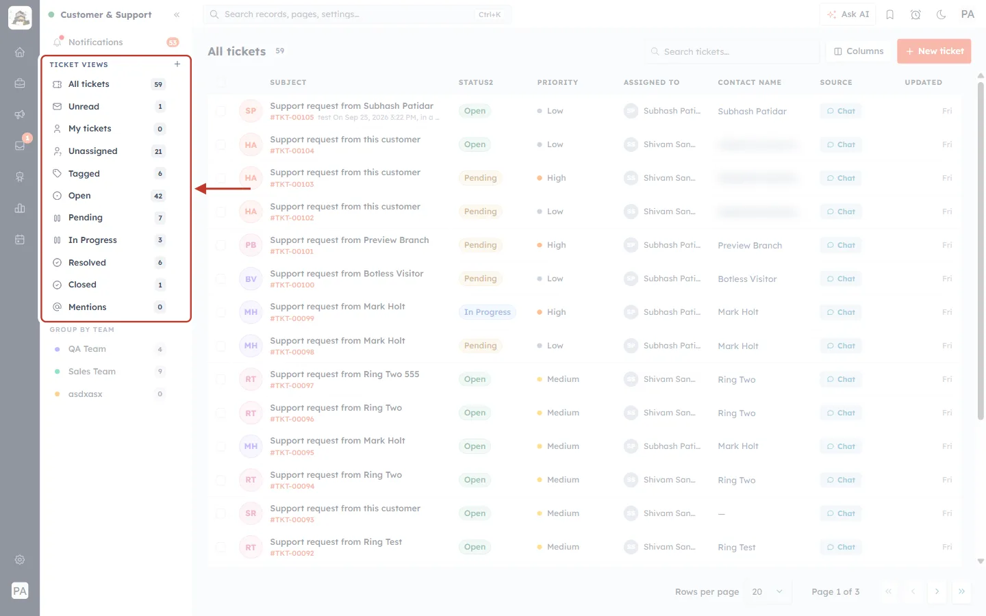 Ticket views list in the Customer & Support sidebar