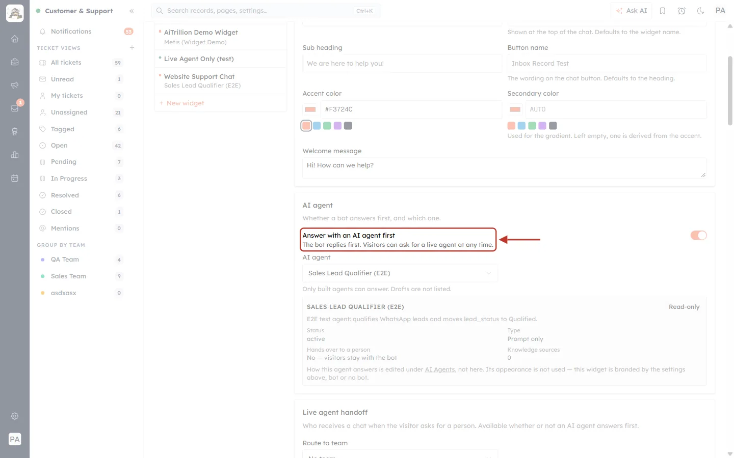 Answer with an AI agent first, on the Chat Widget tab