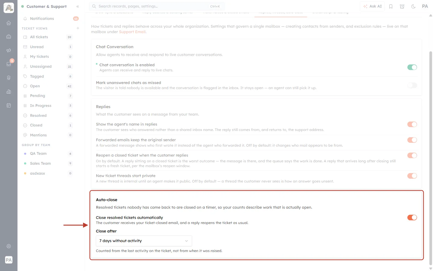 Auto-close settings: Close resolved tickets automatically after 7 days