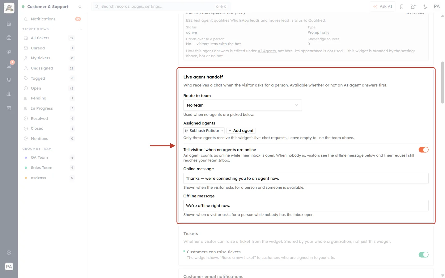 Live agent handoff settings on the Chat Widget tab