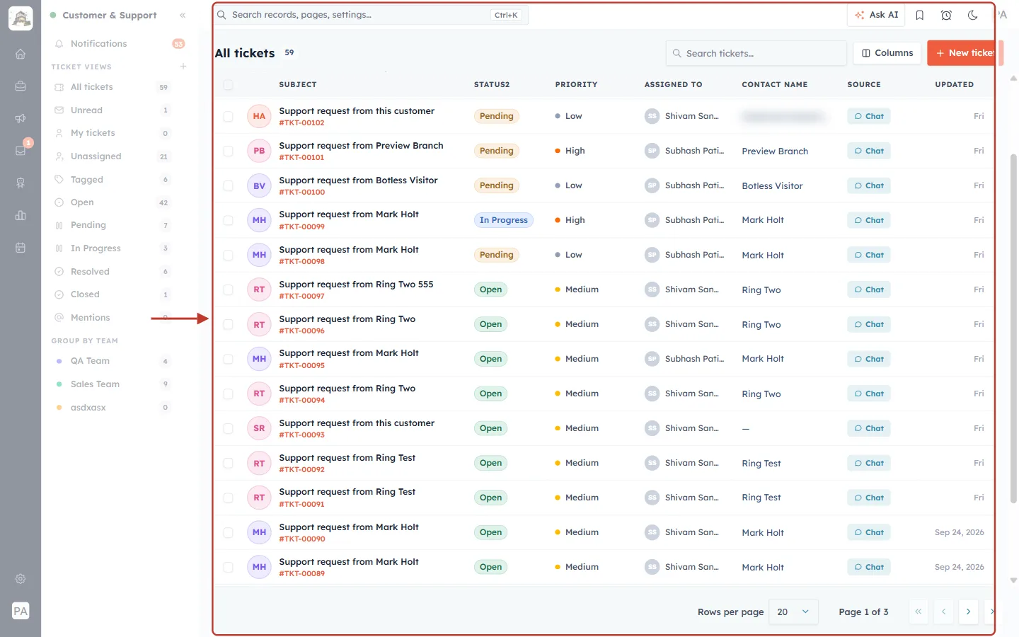 The Customer & Support ticket list