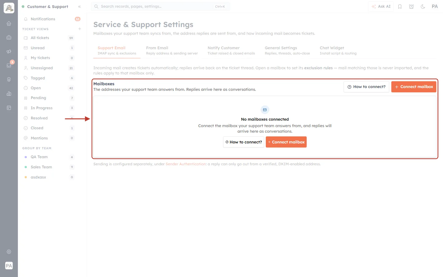 Mailboxes section on the Support Email tab with Connect mailbox