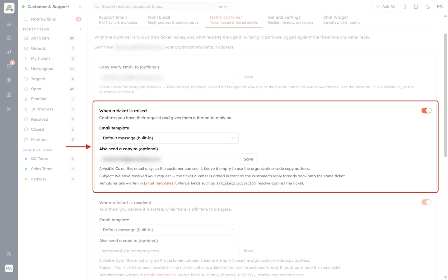 The When a ticket is raised email settings on the Notify Customer tab
