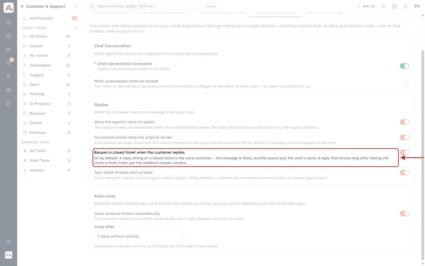 Reopen a closed ticket when the customer replies, on General Settings