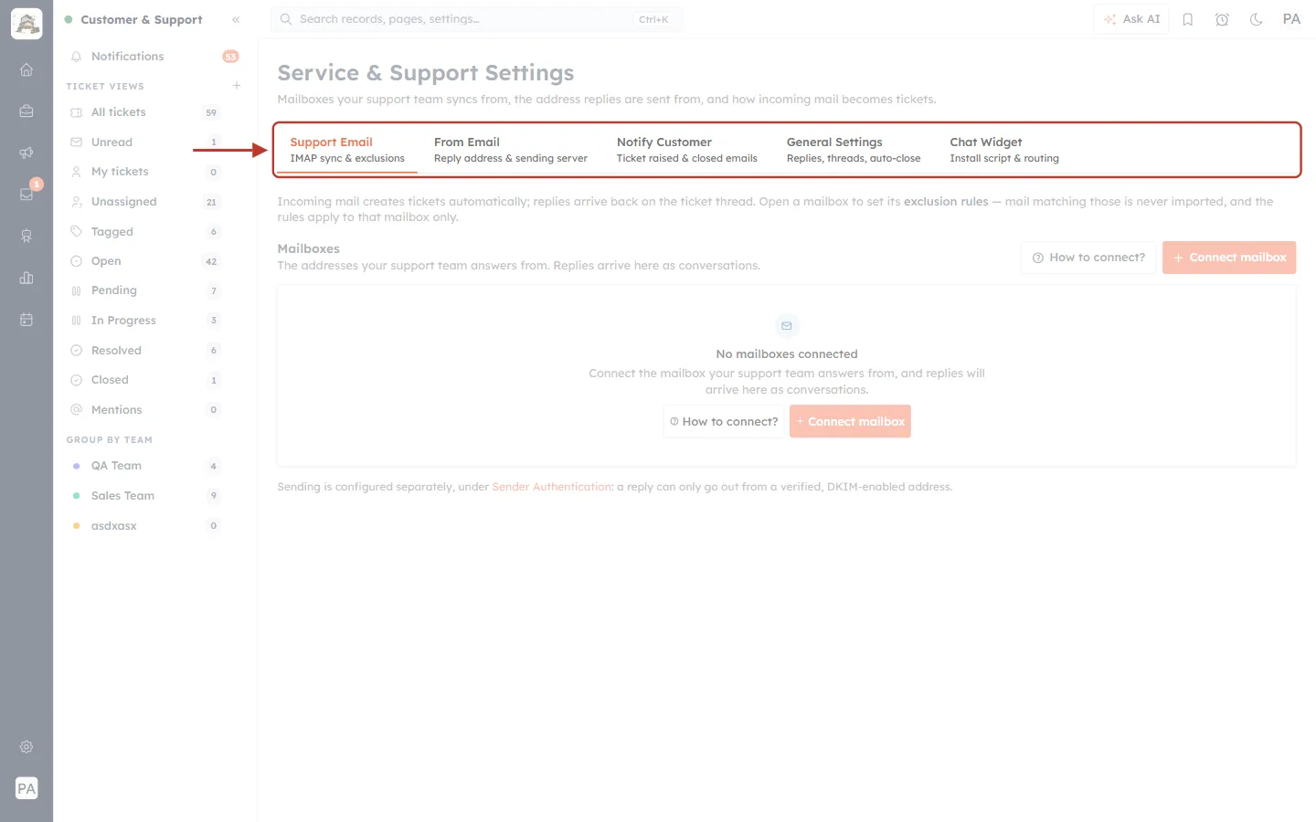 The five tabs of Service & Support Settings