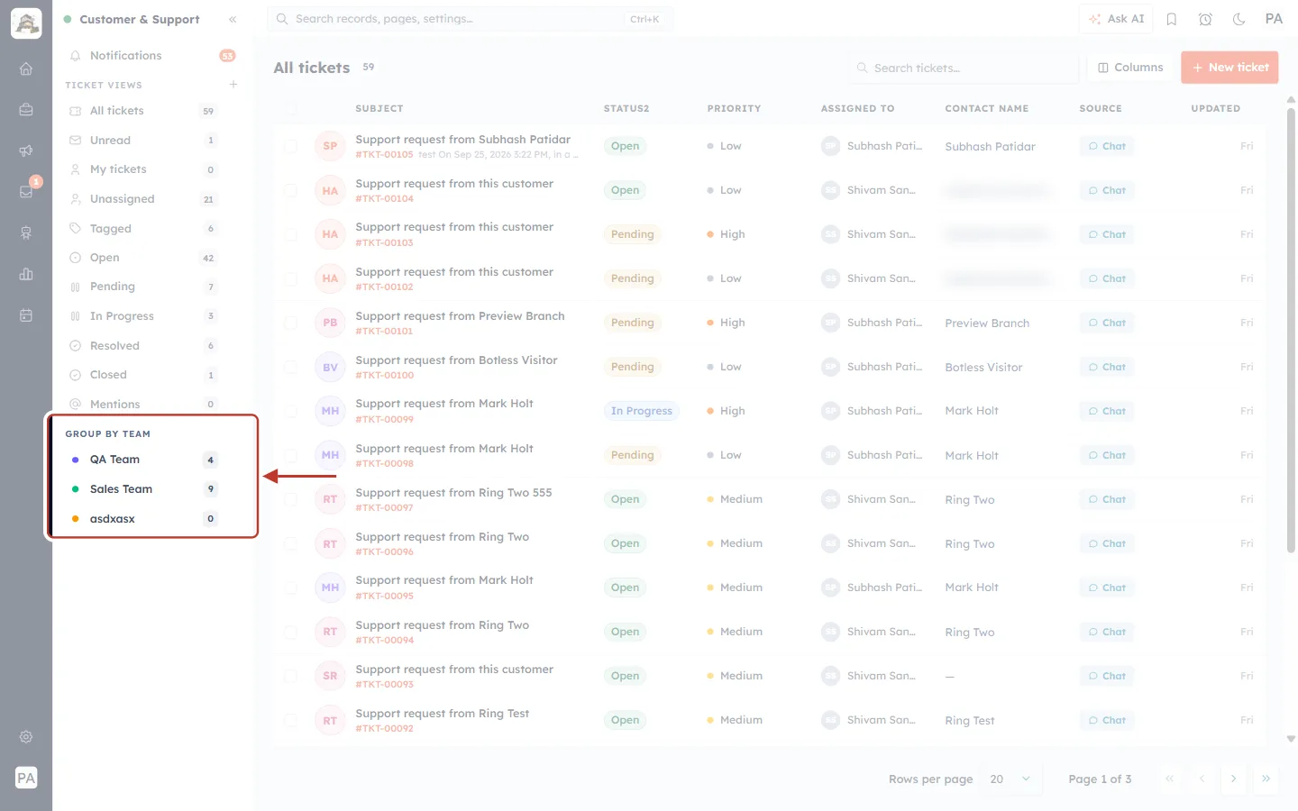 Group by team section in the Customer & Support sidebar
