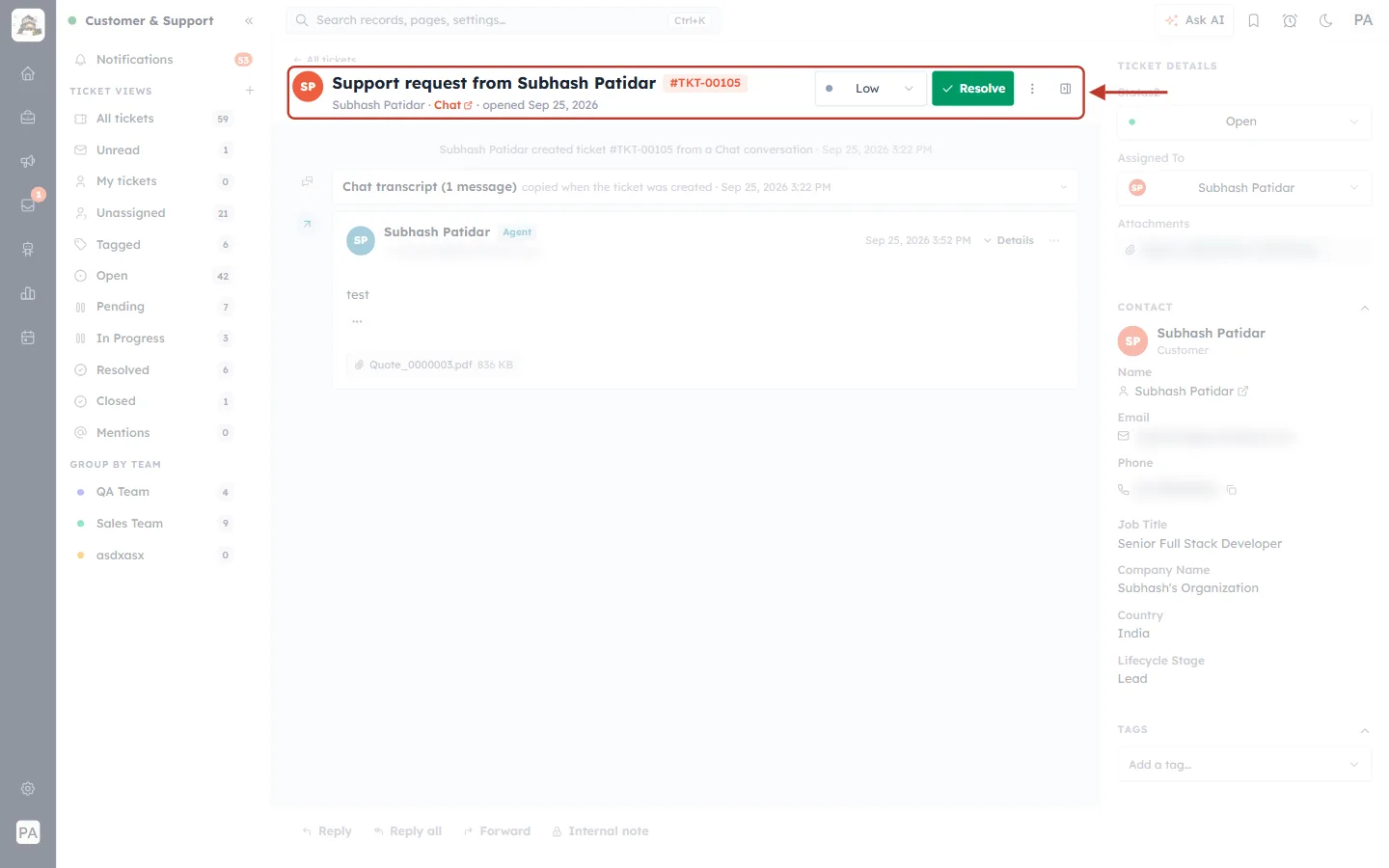 Ticket header with subject, ticket number, source, priority and Resolve