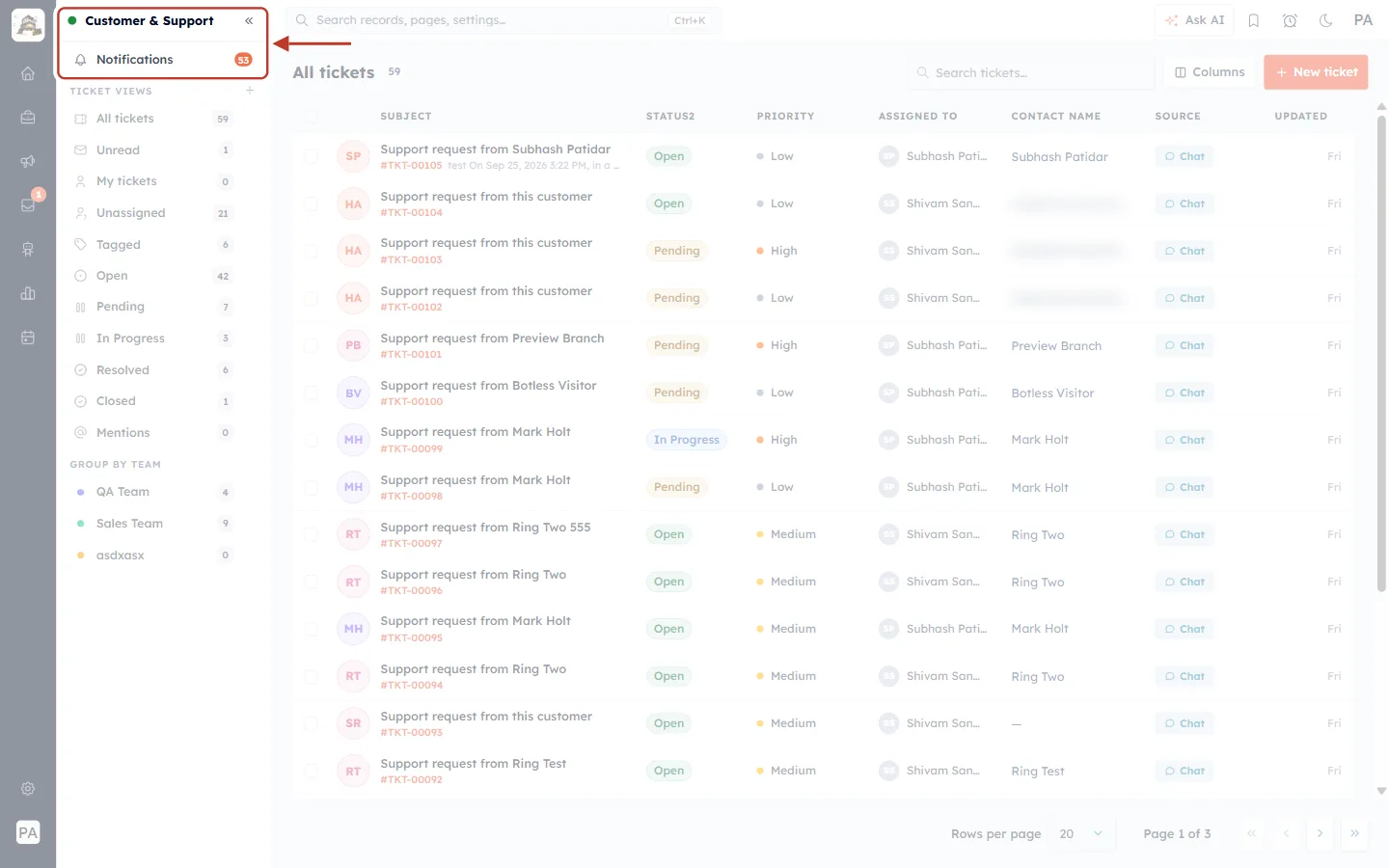 Customer & Support title and Notifications at the top of the workspace sidebar