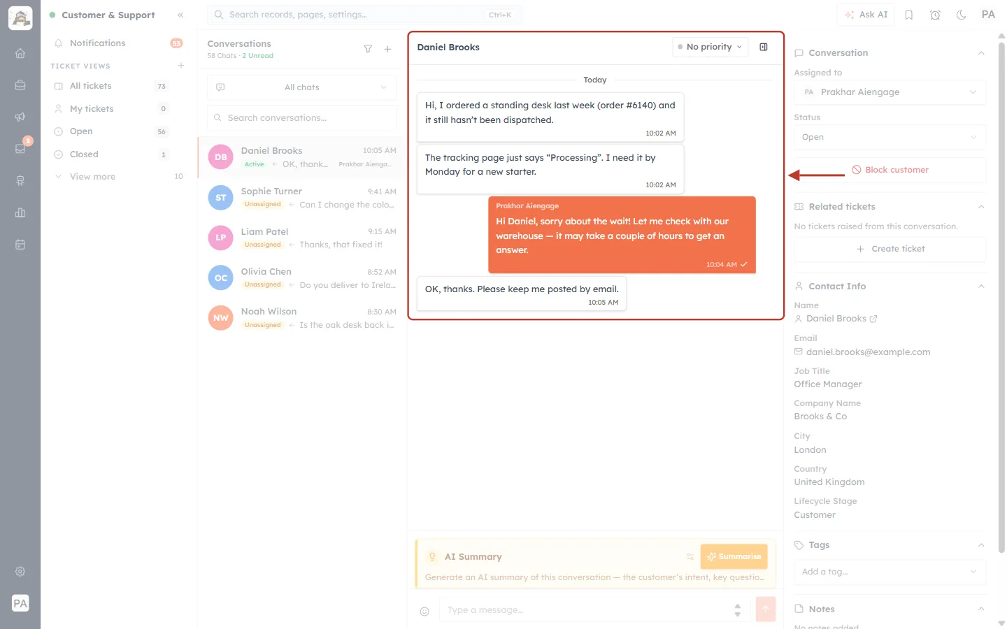 The live chat conversation