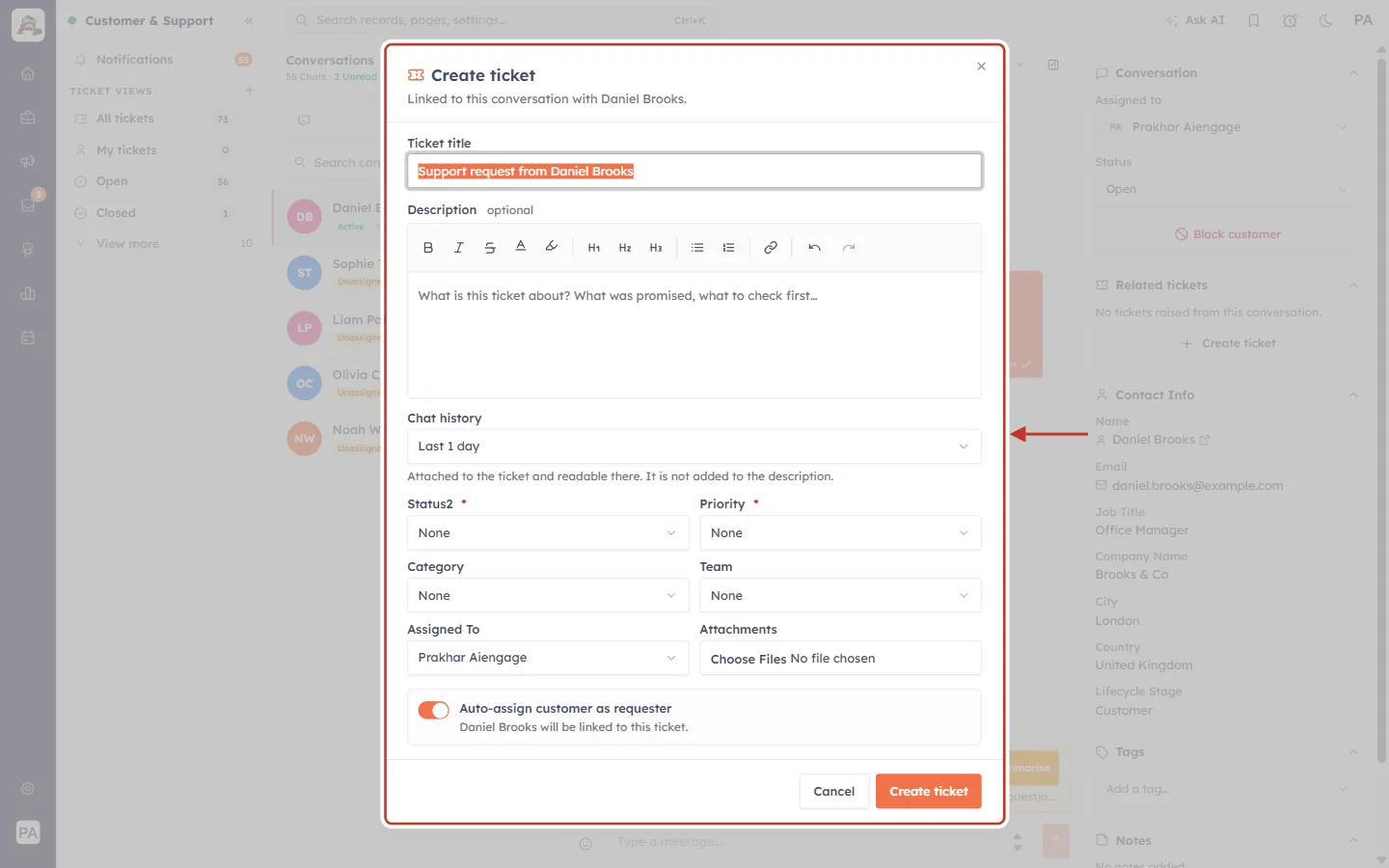 The Create ticket form for a chat
