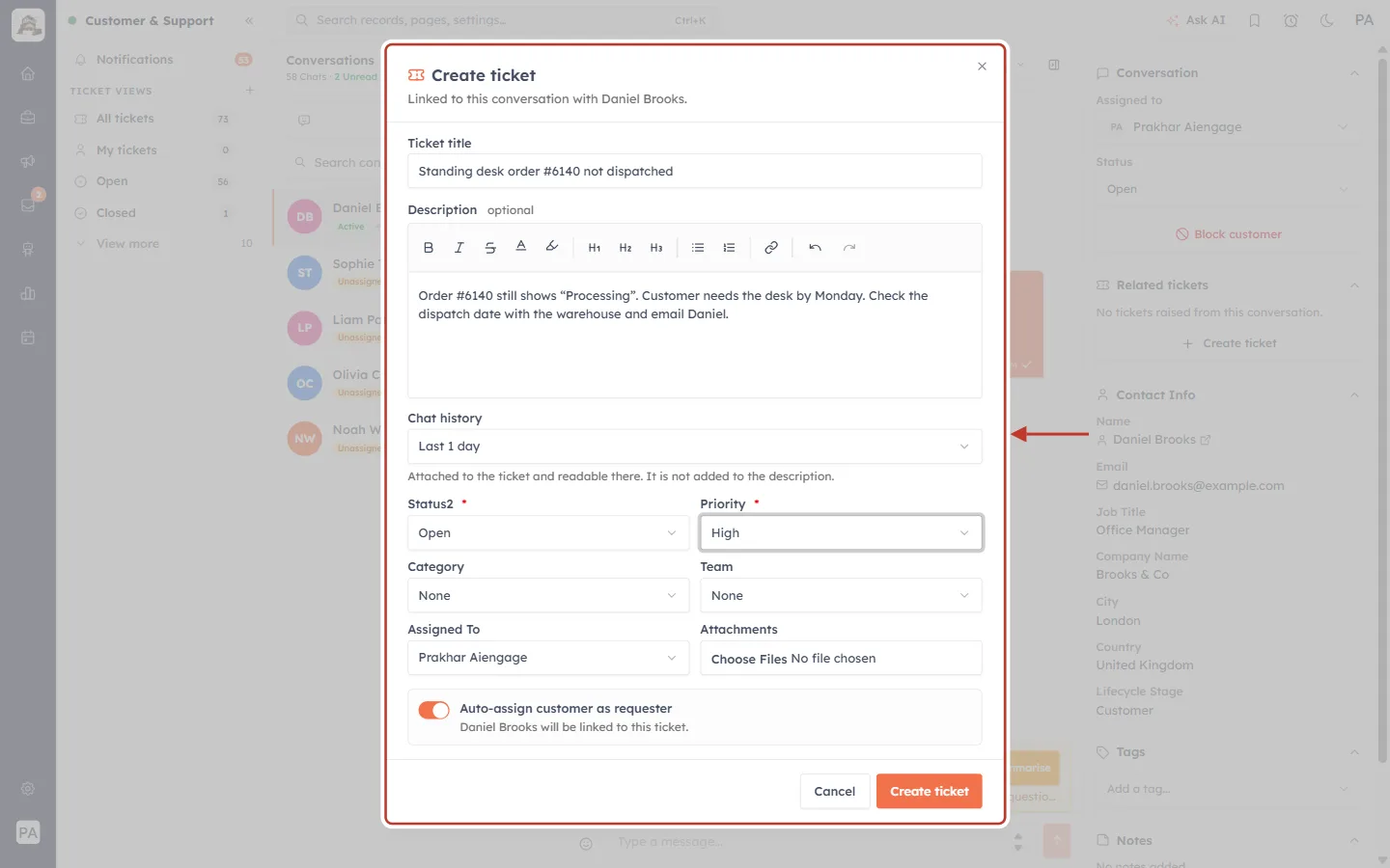 The completed Create ticket form