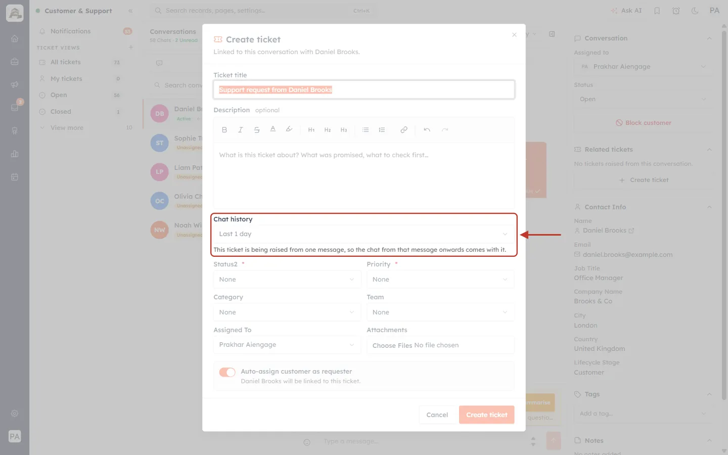 Chat history when raising a ticket from one message