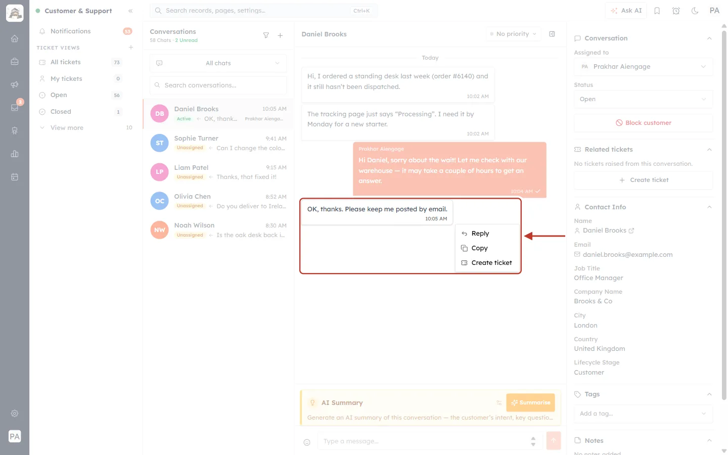The message menu with Create ticket