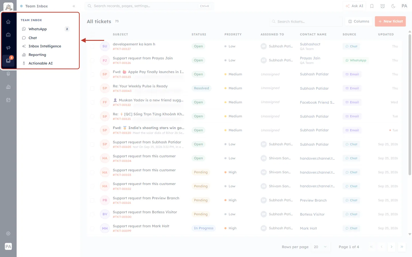 The Team Inbox menu with Chat