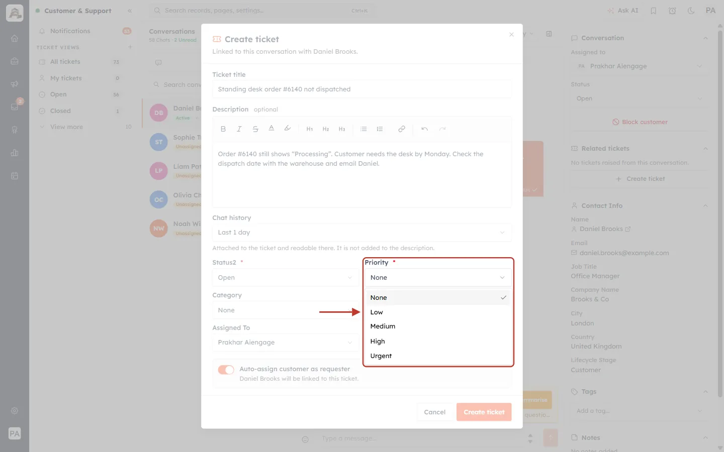 The Priority list in the Create ticket form