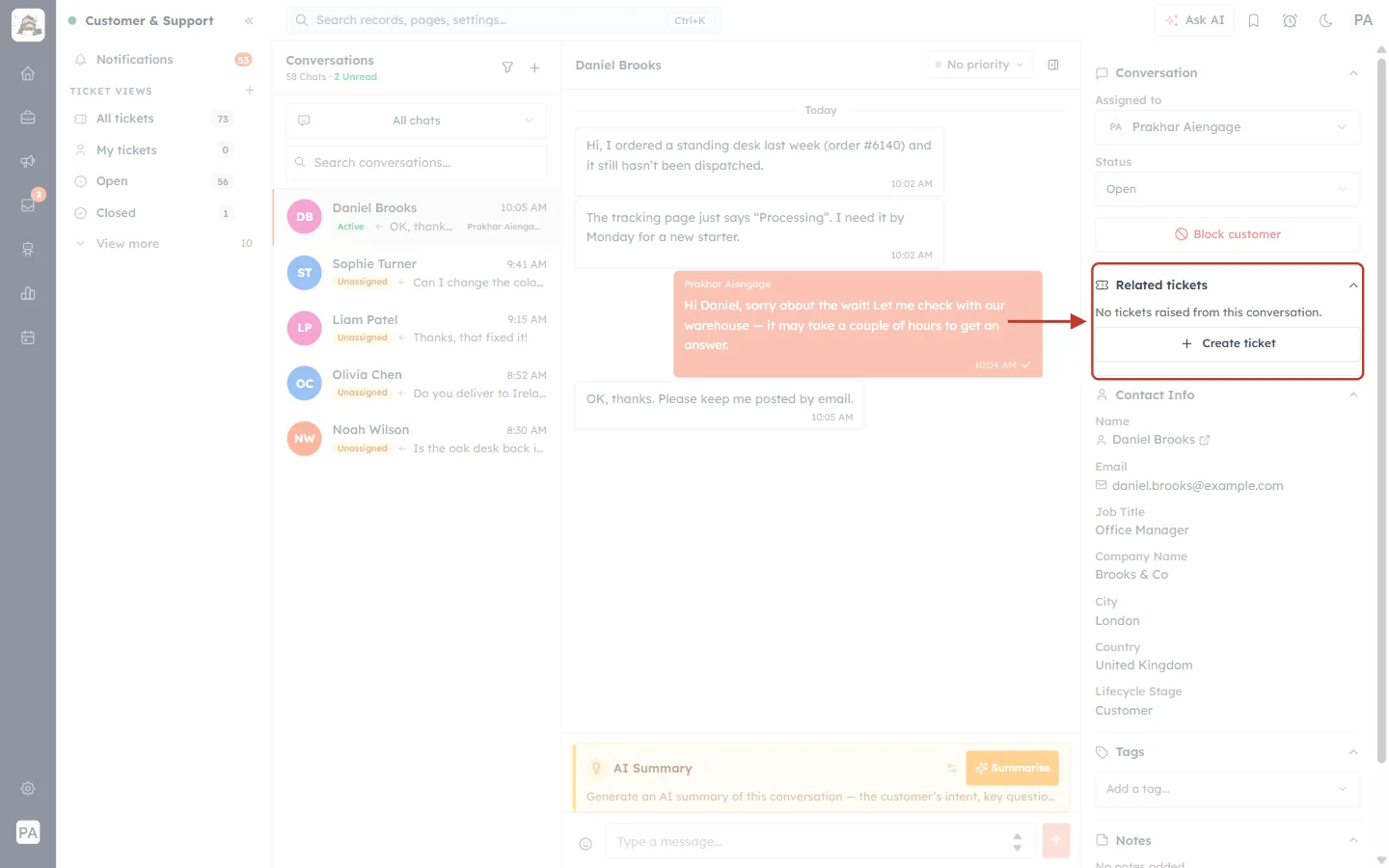 The Related tickets section with the Create ticket button