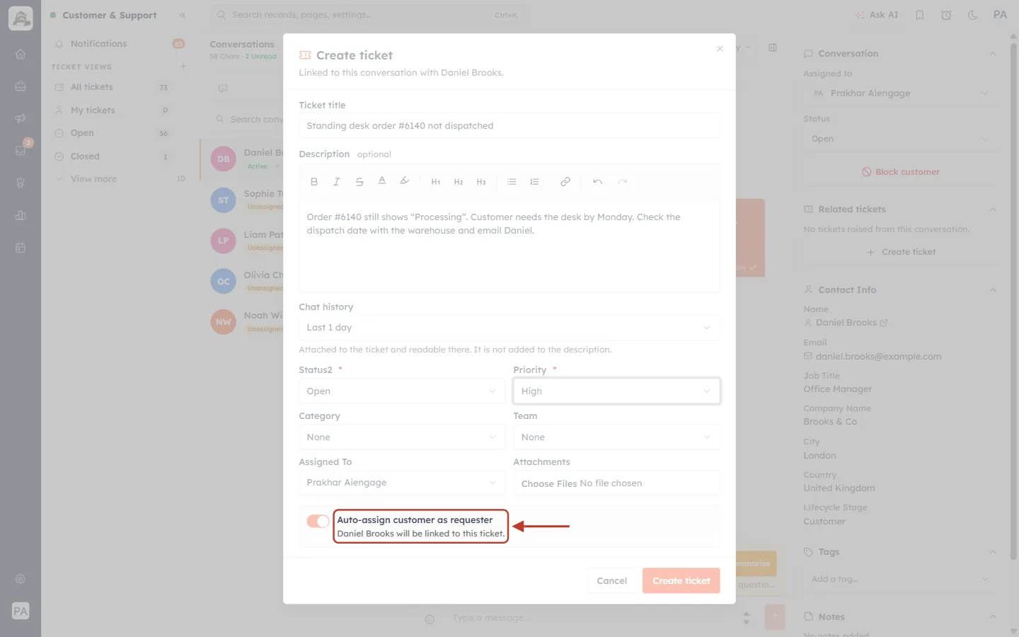 Auto-assign customer as requester switch