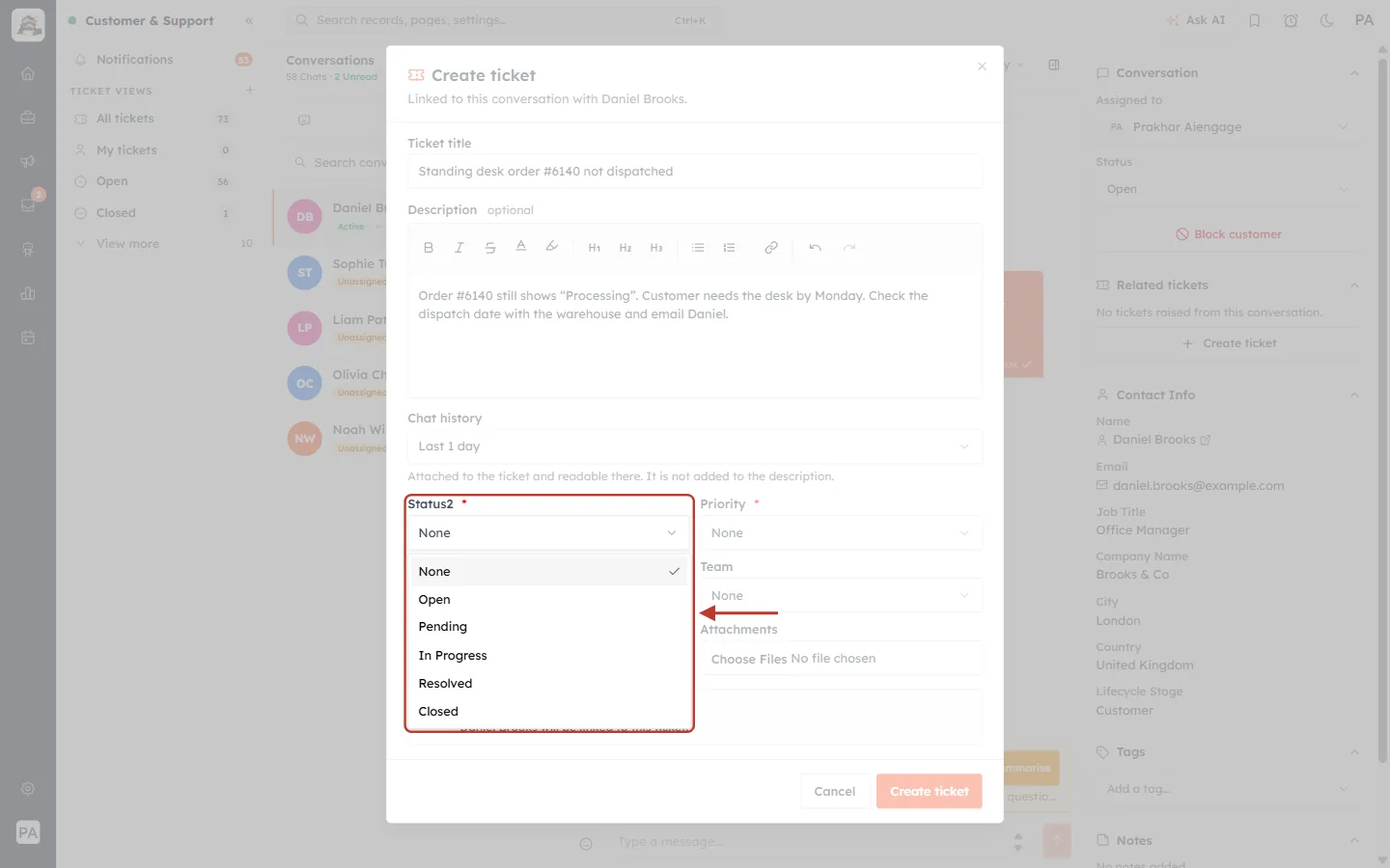 The Status list in the Create ticket form