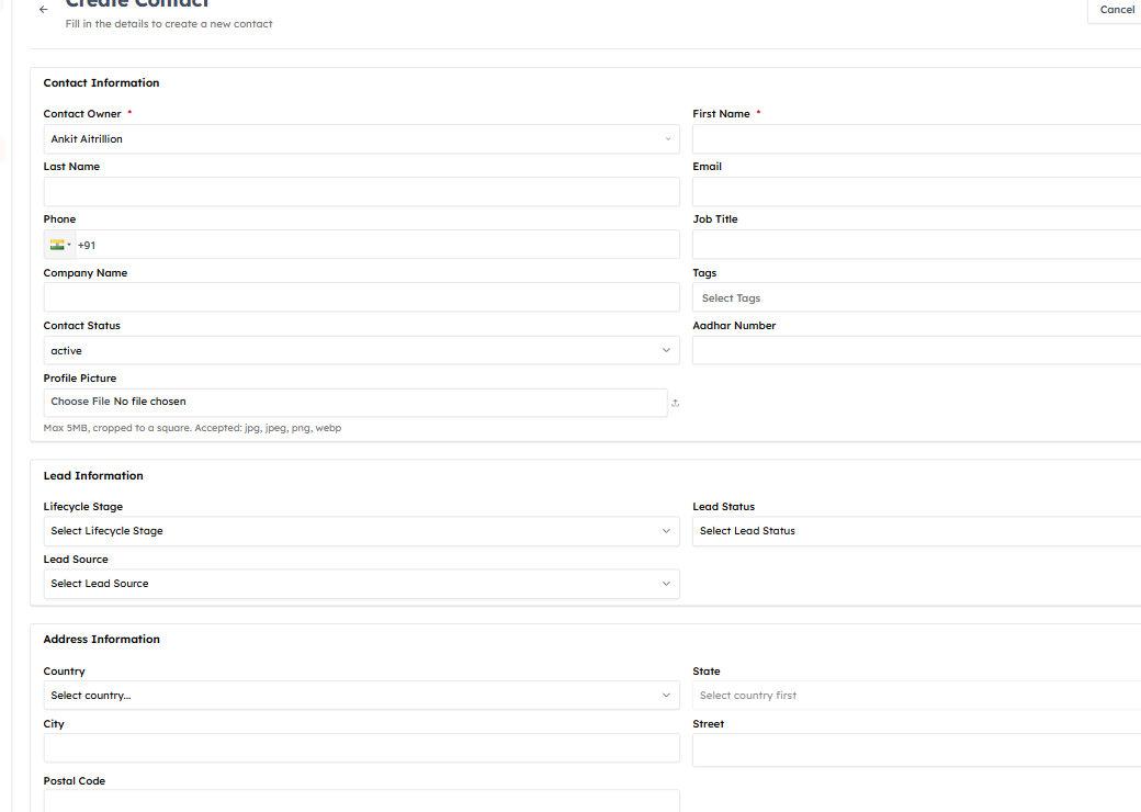 Create Contact form showing all standard fields
