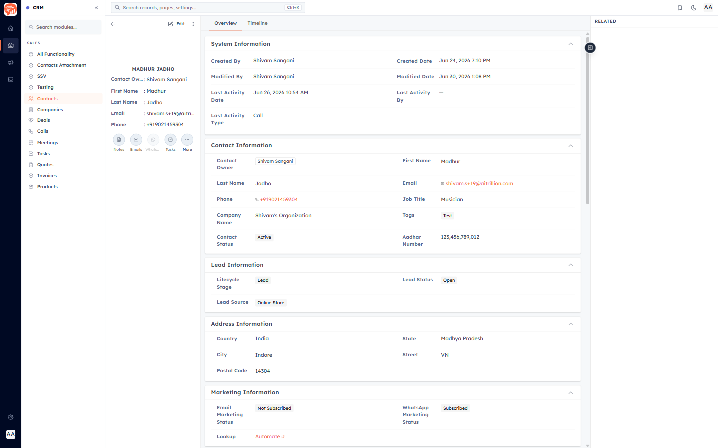 Contact detail page after creation showing fields, timeline, and activity panel