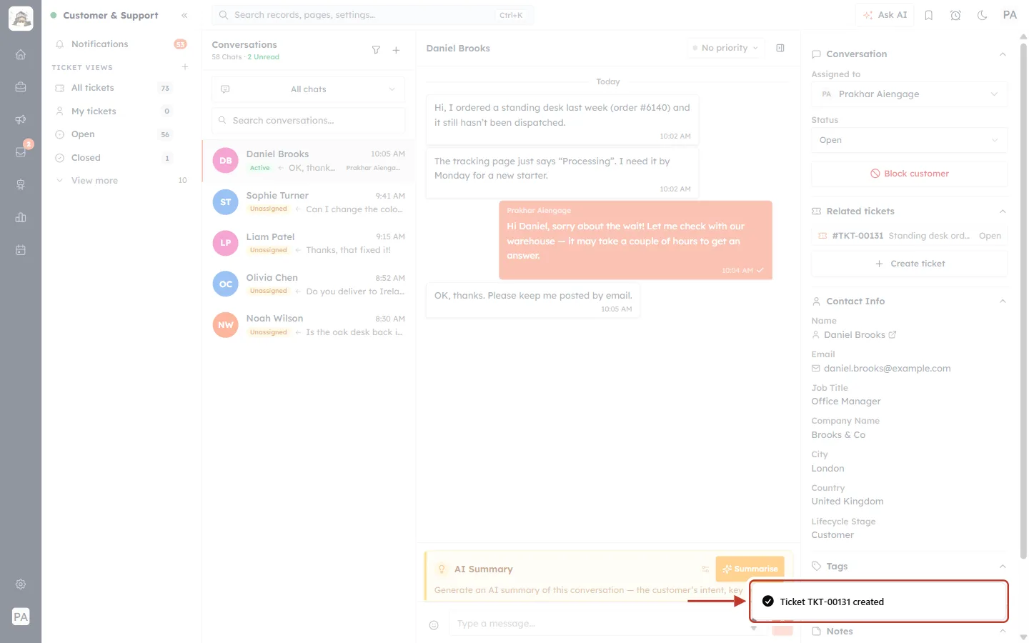 Ticket created confirmation