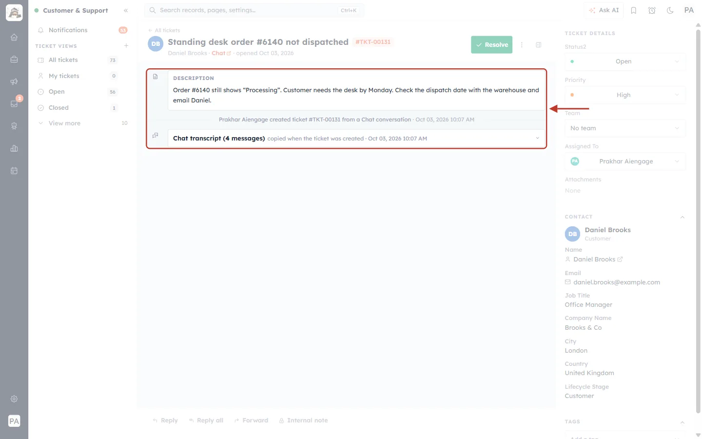 The description, creation line and chat transcript