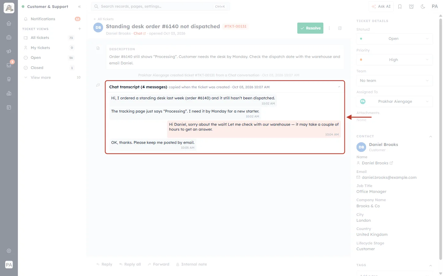 The chat transcript opened on the ticket