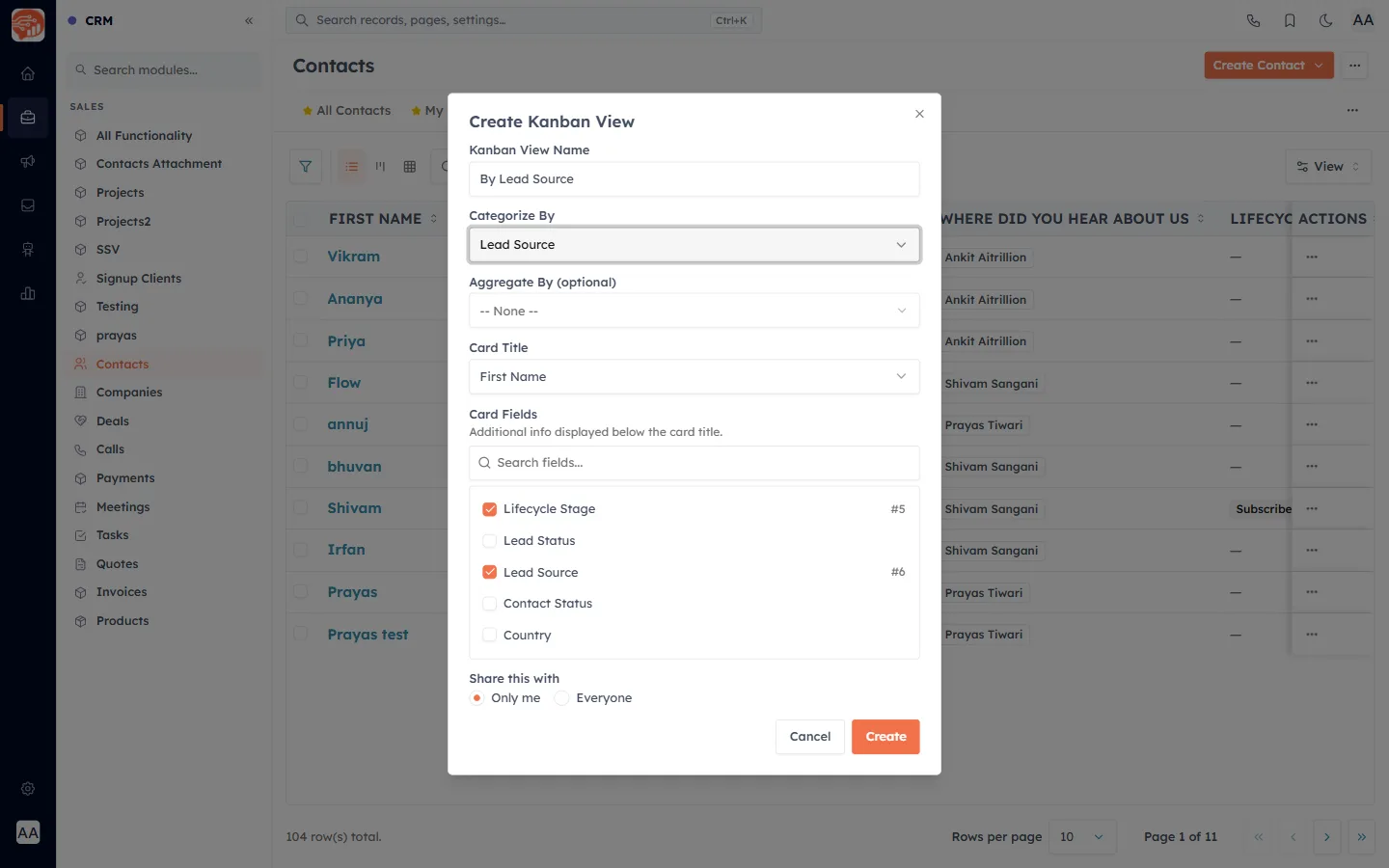 The Create Kanban View dialog with Categorize By, Card Title and Card Fields