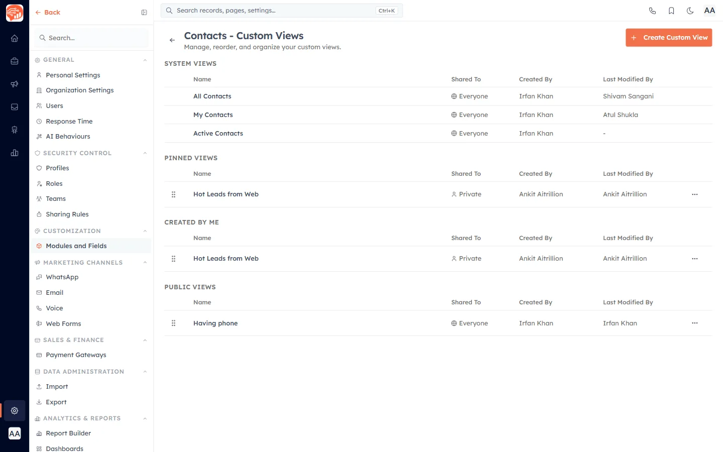 The Manage Custom Views page grouped by System, Pinned, Created By Me and Public