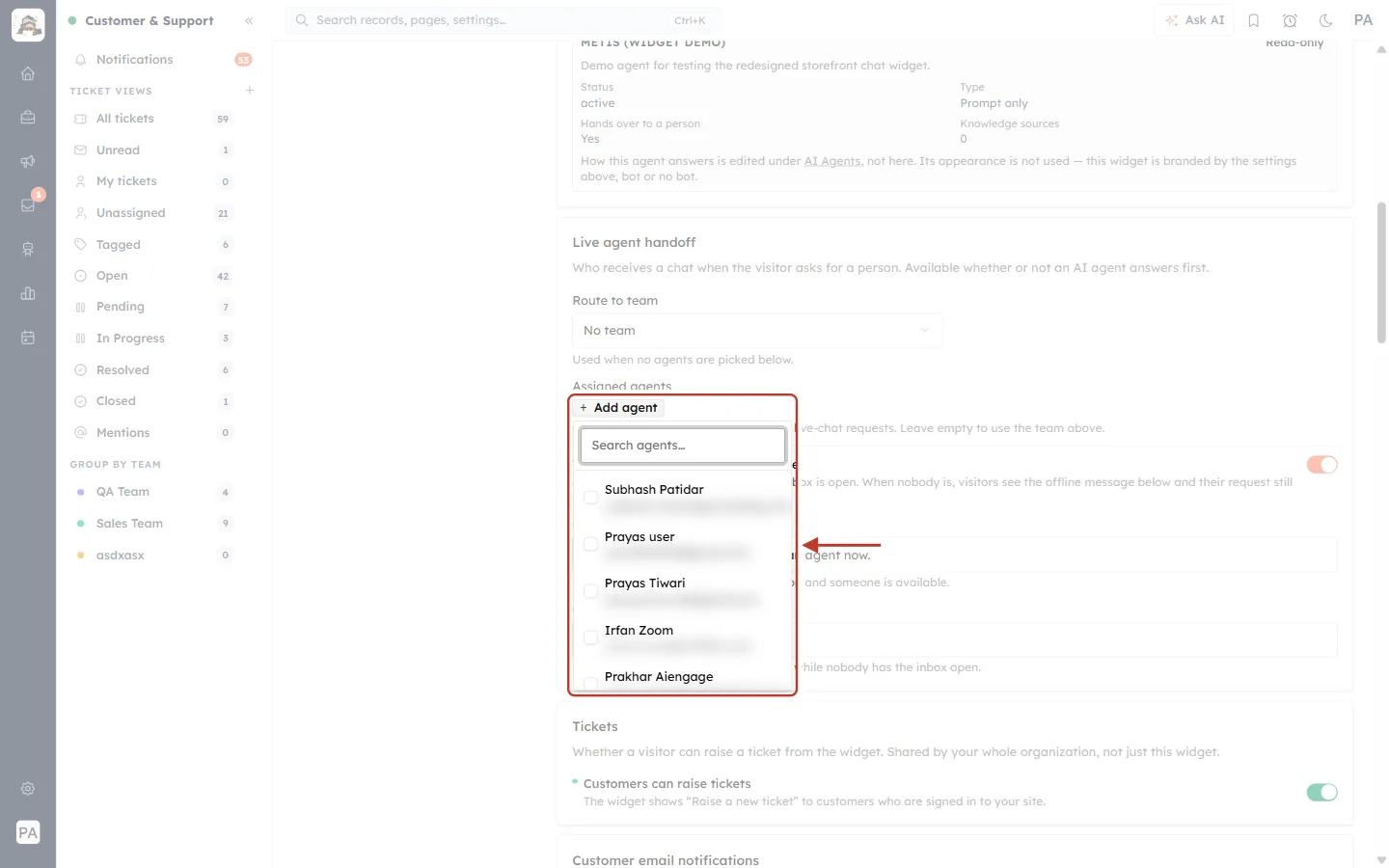 The Add agent picker with a search box and team members