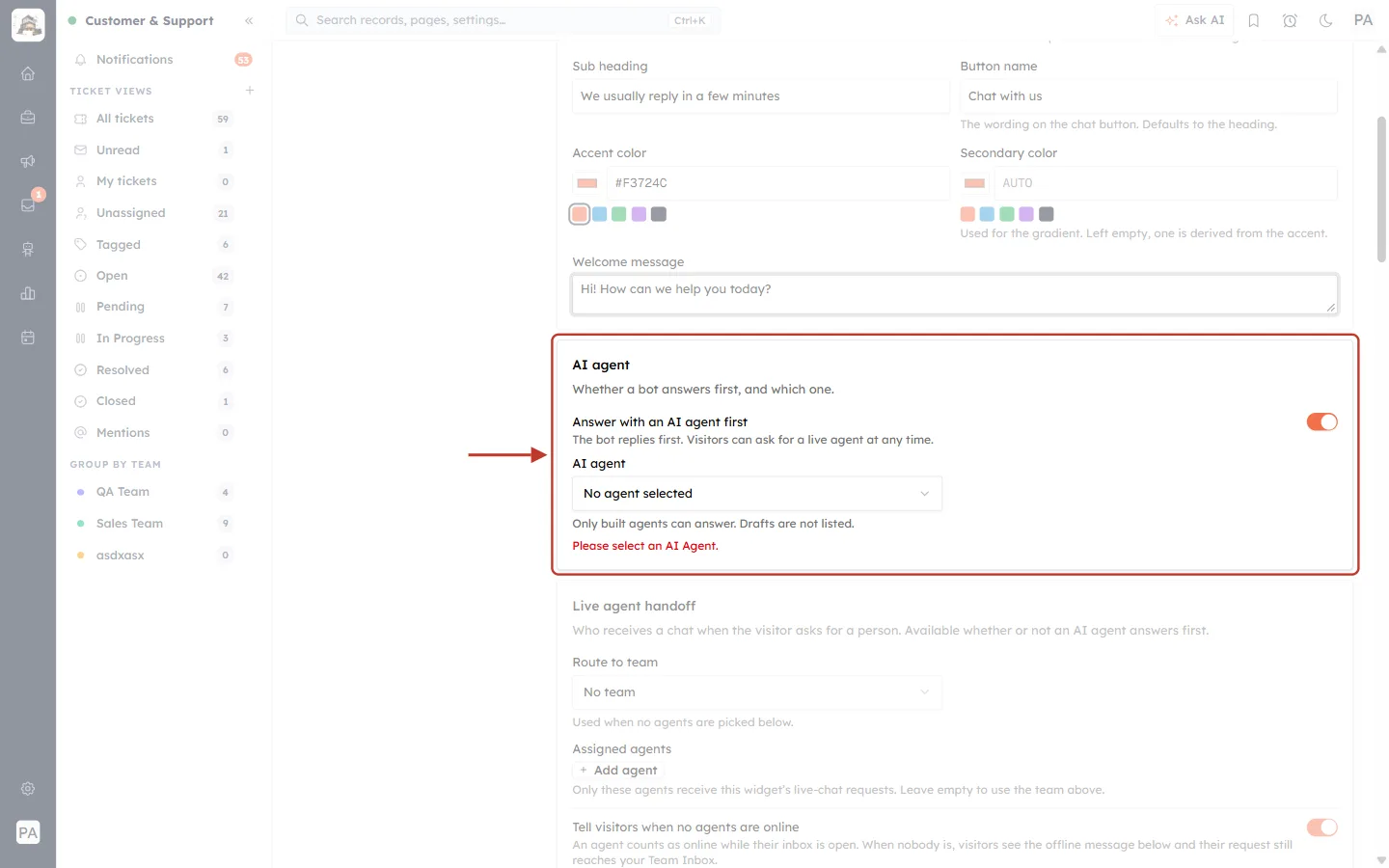 AI agent section with the switch on and no agent selected