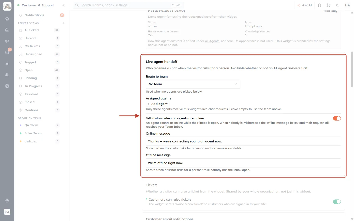 Live agent handoff: Route to team, Assigned agents and online/offline messages