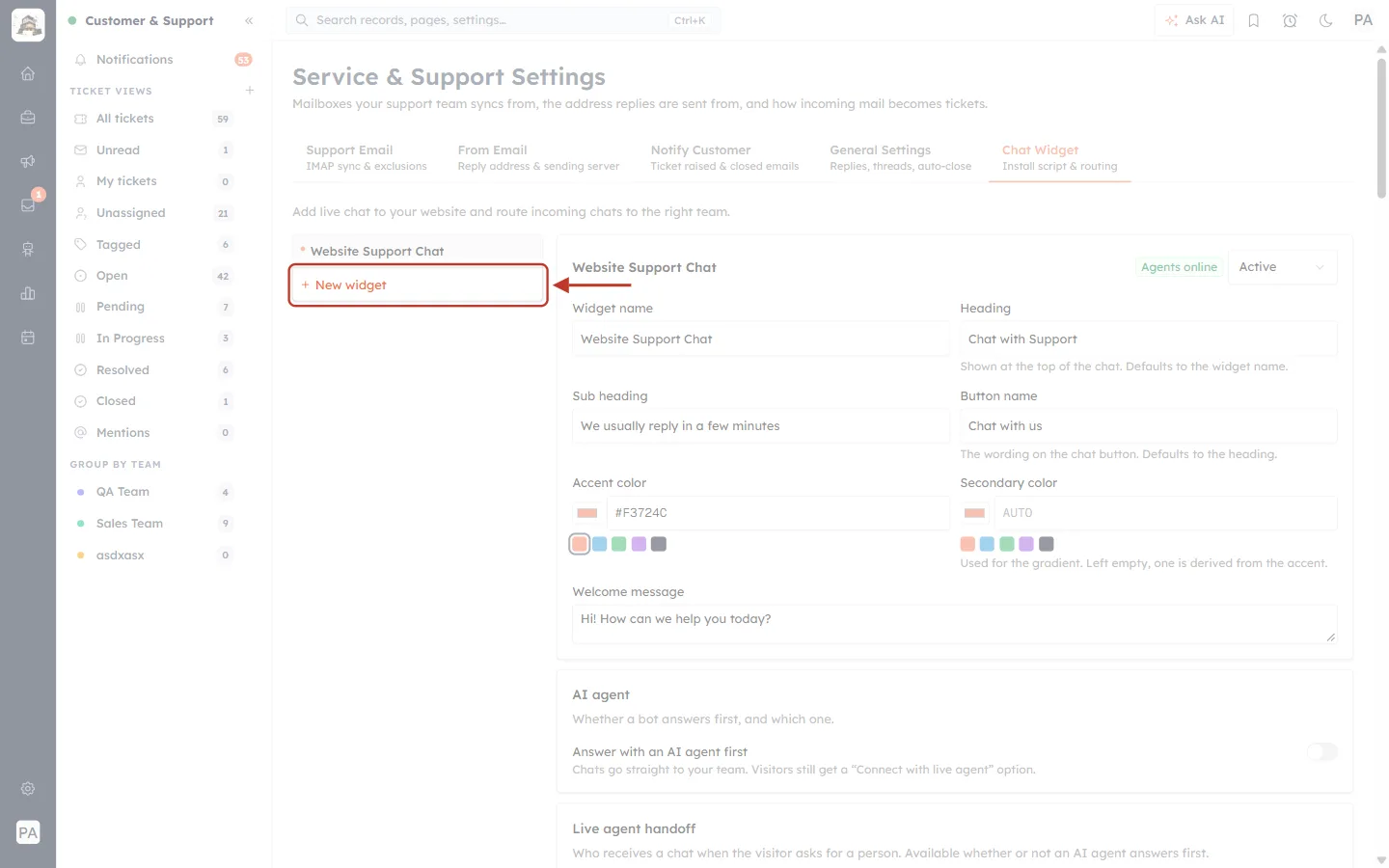The New widget link under the widget list