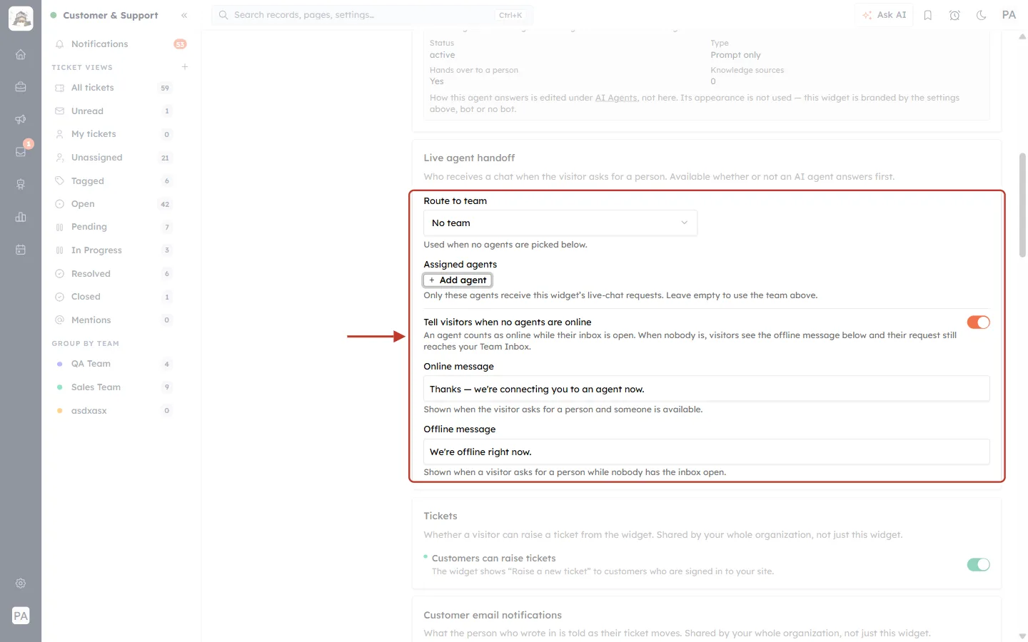 Tell visitors when no agents are online, with online and offline messages