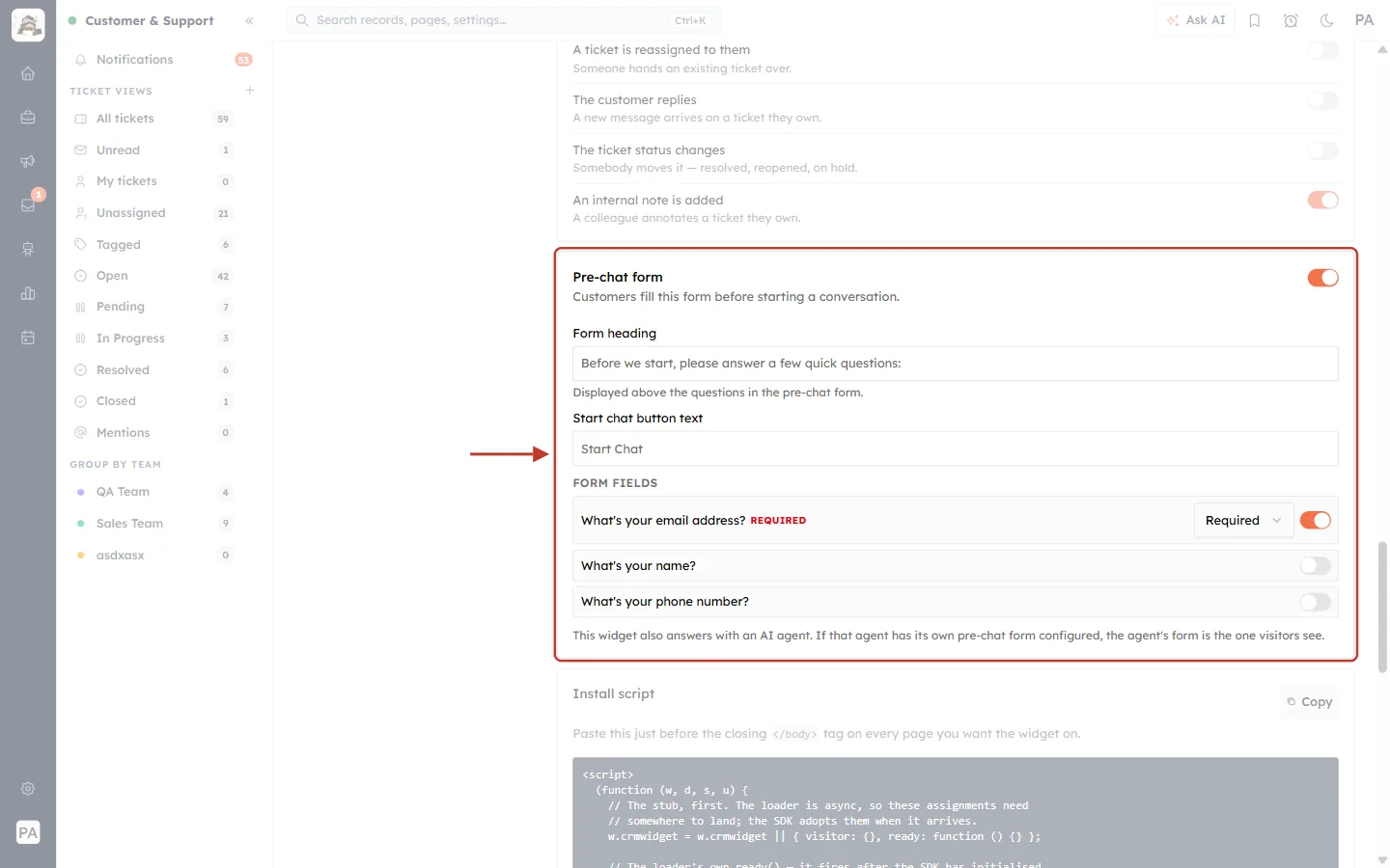 Pre-chat form options and form fields