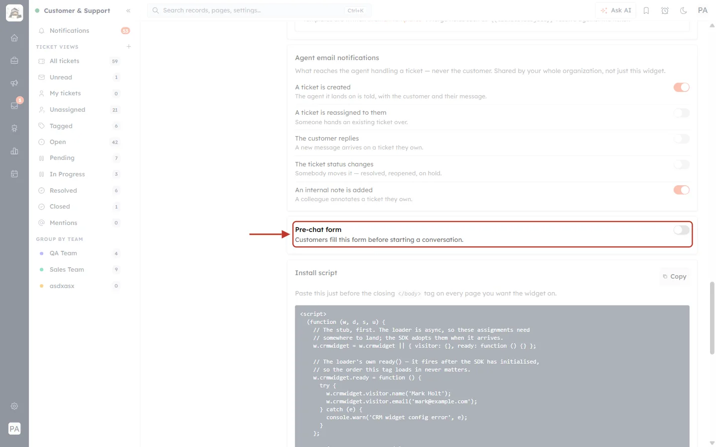 Pre-chat form switched off