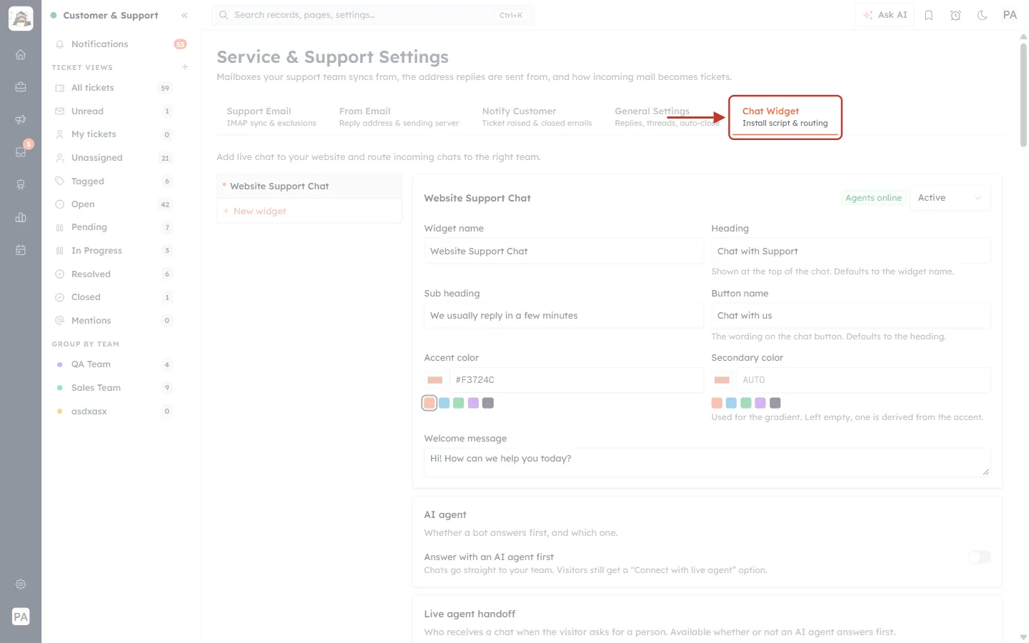 The Chat Widget tab in Service & Support Settings