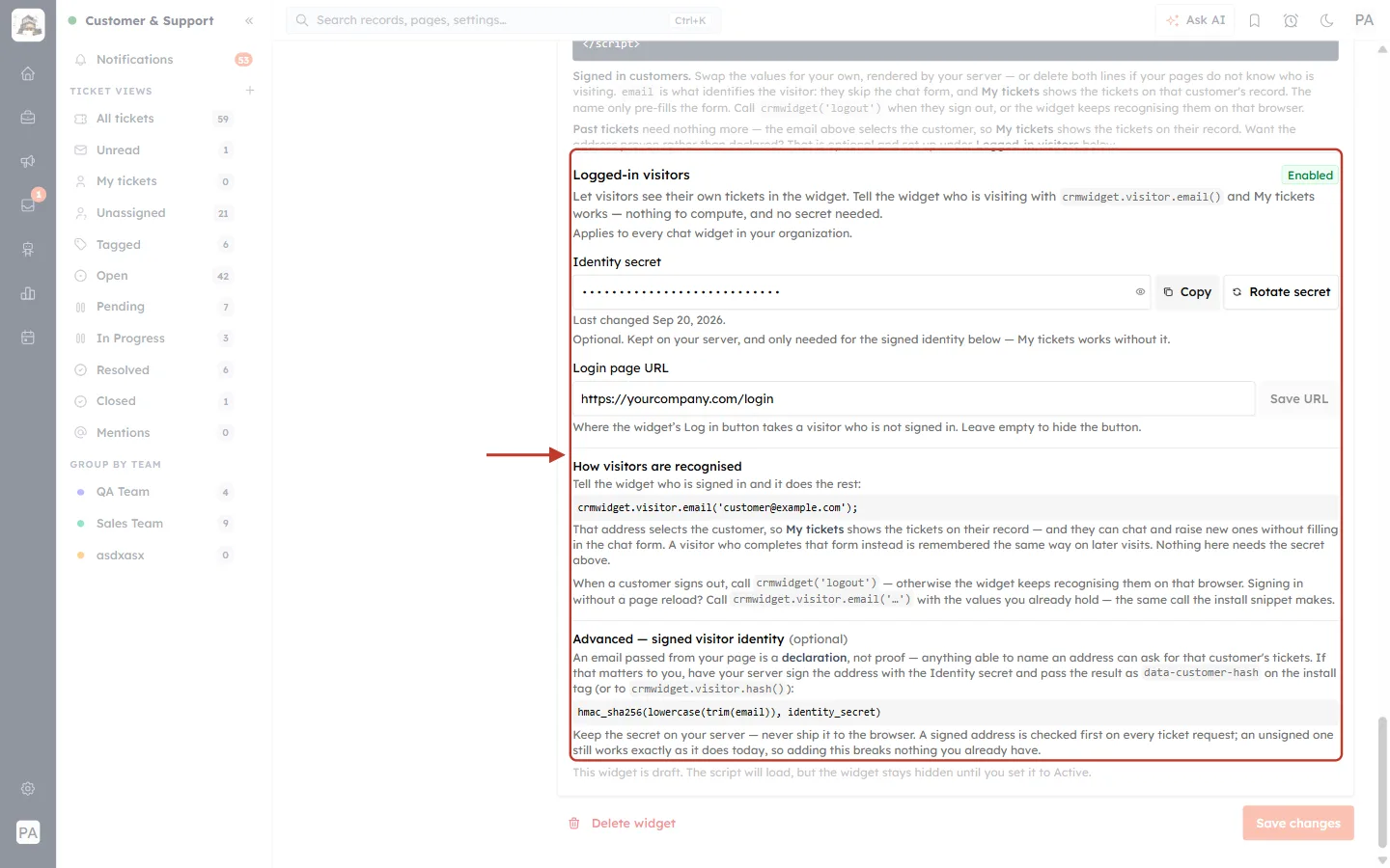 Logged-in visitors: identity secret, login page URL and how visitors are recognised